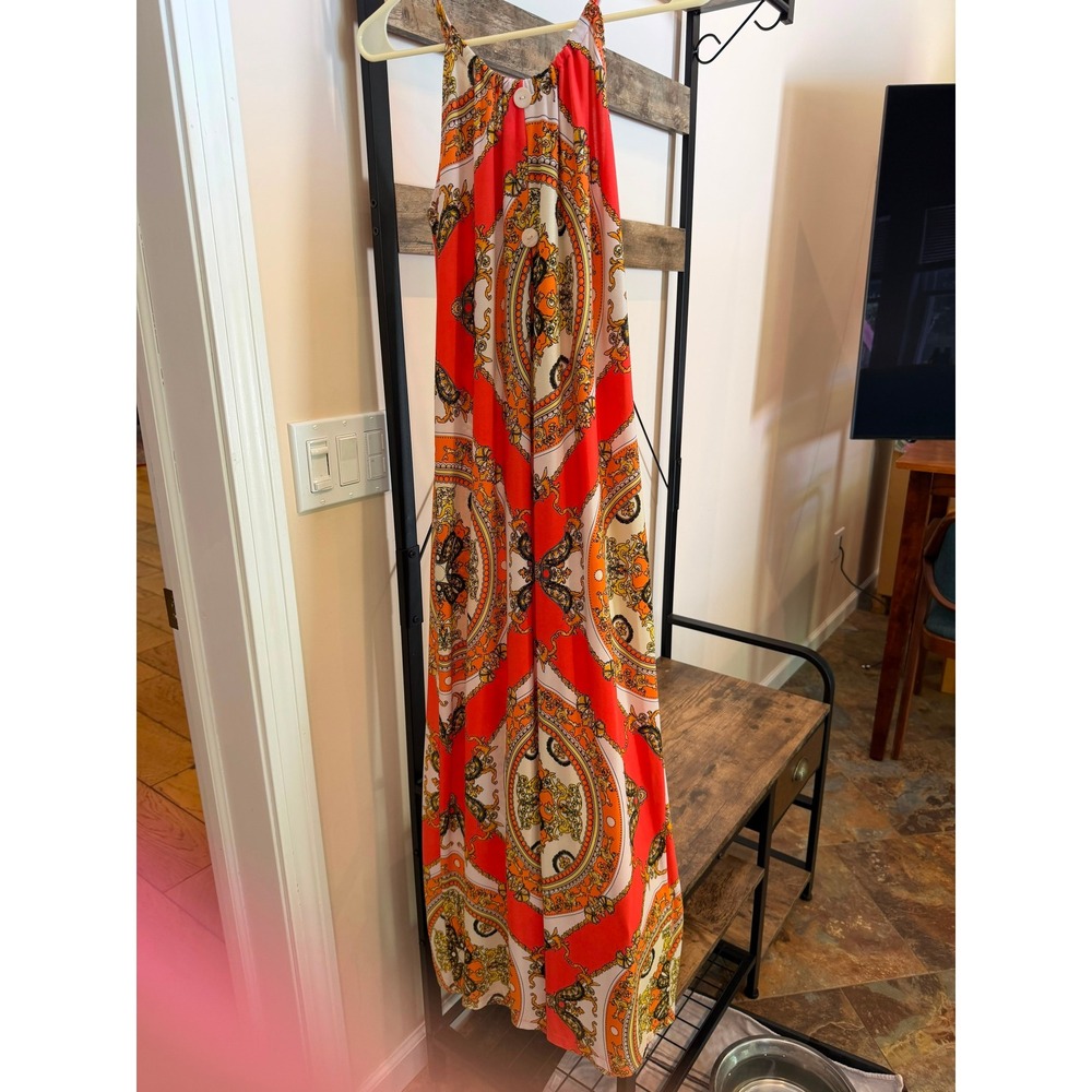 Discontinued Valerie Bertinelli Medallion Print Maxi Dress Orange Scarf Print 6 - Picture 3 of 5